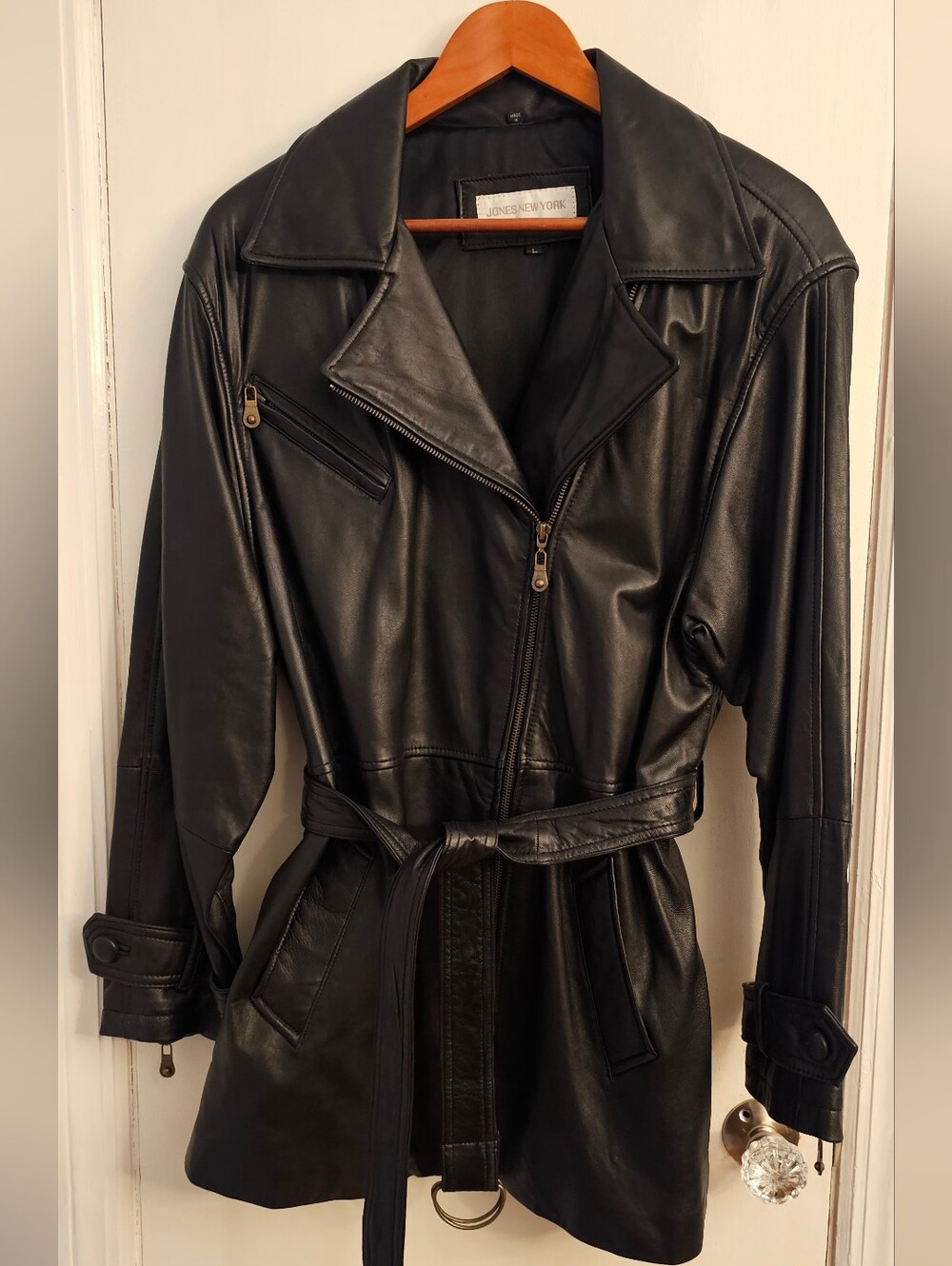 Jones New York Black Leather Belted Trench Jacket Large